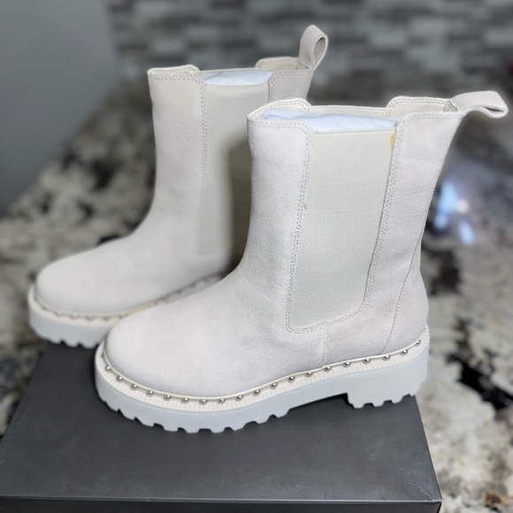 Vince Camuto Cream Chelsea Combat Boots with Studded Sole - Picture 1 of 9